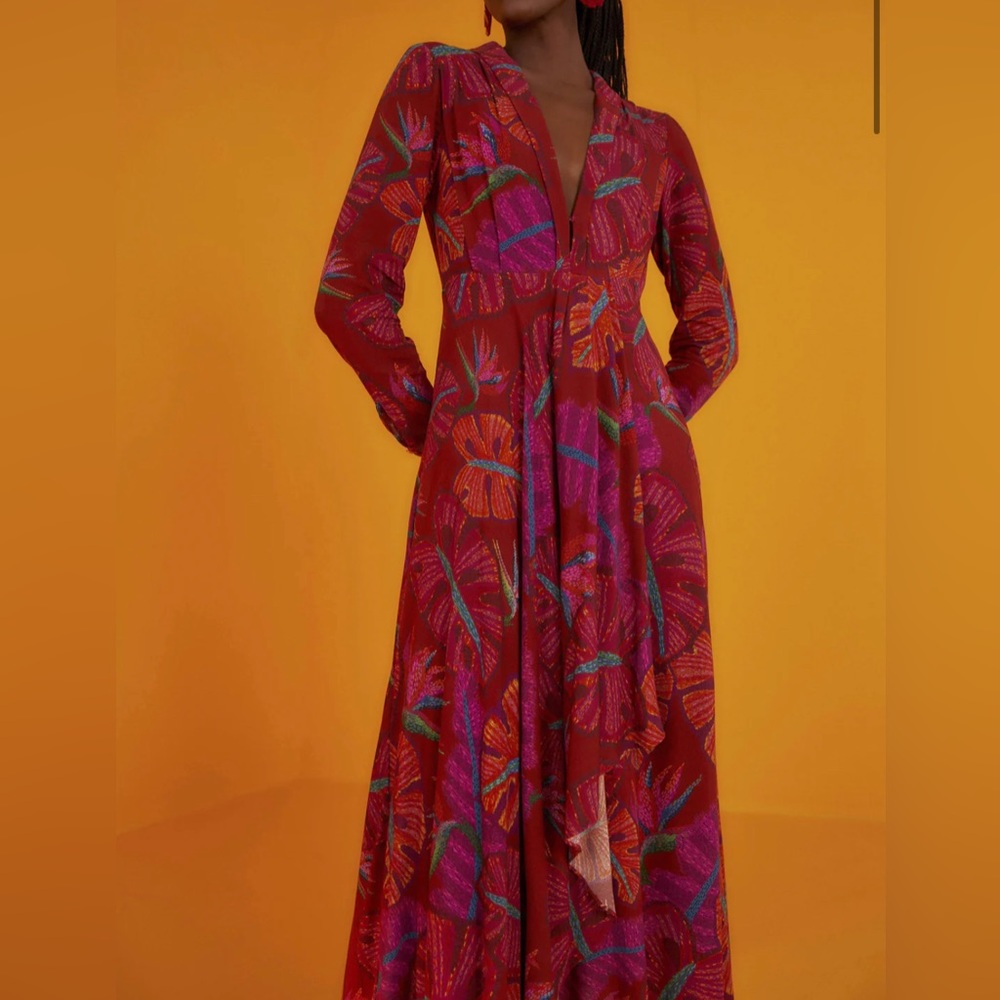 Farm Rio Red Delicate Leaves Maxi Dress size Medium